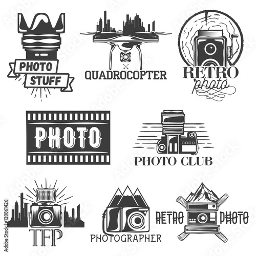 Vector photography theme set in vintage style. Monochrome logo, banner, badges or emblems for photo studio. Isolated illustration
