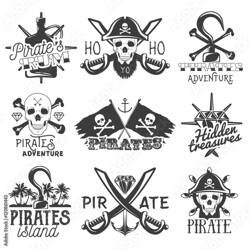 Vector set of pirates logos, emblems, badges, labels or banners. Isolated vintage style illustrations. Monochrome flags with skulls, swords, rum, hook and treasure