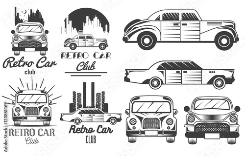 Vector set of retro car club logos, banners, badges, labels or emblems and templates. Isolated monochrome illustration in vintage style