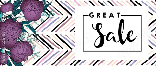 Vector flyer for great sale. Purple peonies and chevron modern brush spot in ...
