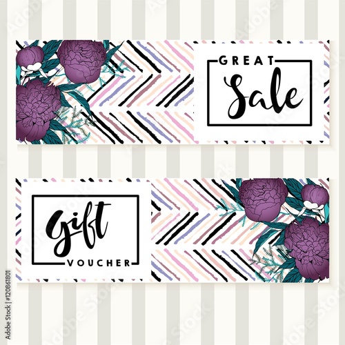 Vector set of flyer and gift voucher for great sale. Purple peonies and chevr...