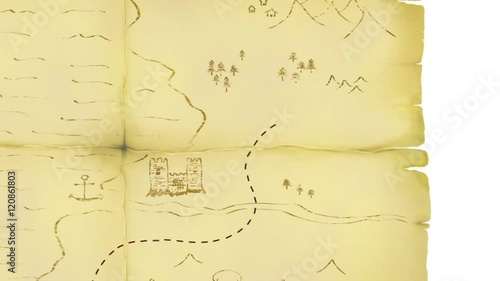 Faded old treasure map animation showing route to X marks the spot
