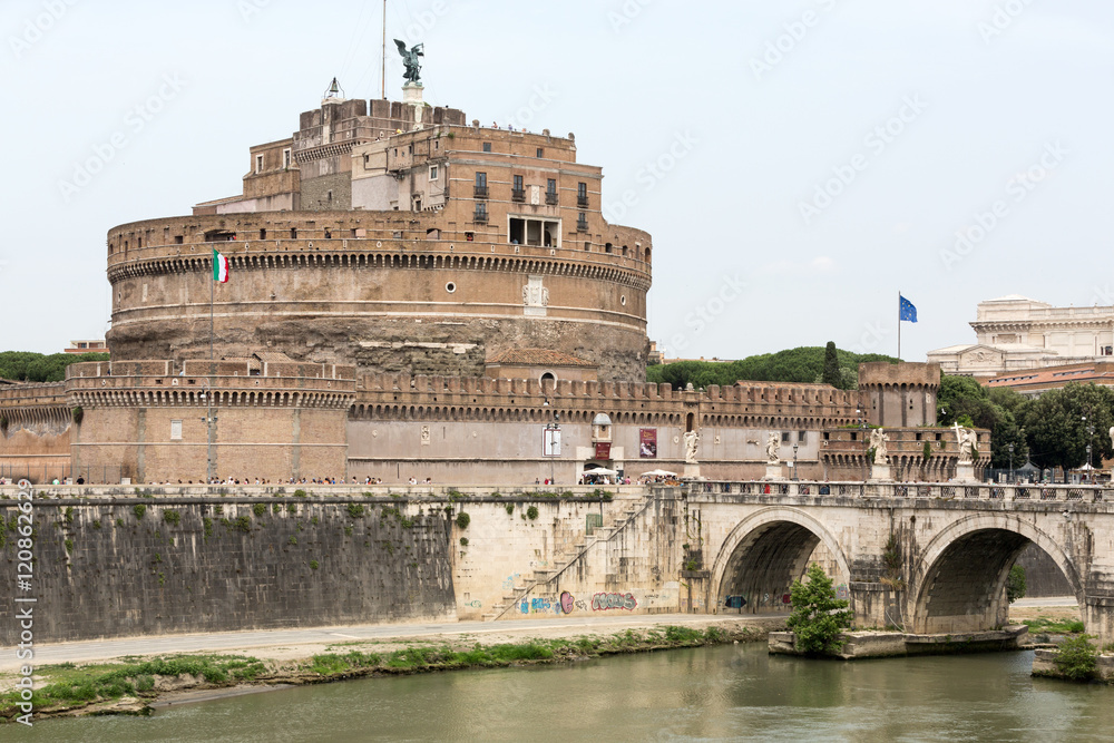 Rome - View of Castel Sant'Angelo, Castle of the Holy Angel built by Hadrian in Rome, along Tiber River