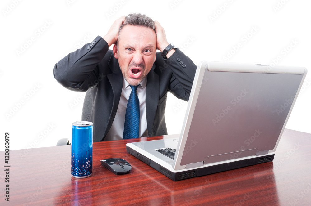 Man at office being psychotic with energy drink aside Man at office being psychotic with energy drink aside