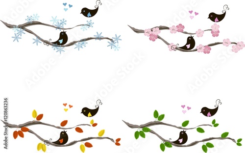 Wallpaper Mural Cute lovebirds on branches, hearts, for seasons, colorful vector illustration Torontodigital.ca