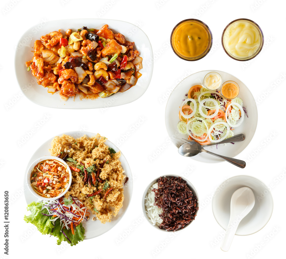Top view: set of thai food, salad, mayonnaise, Fried chicken wit Top view: set of thai food, salad, mayonnaise, Fried chicken wit