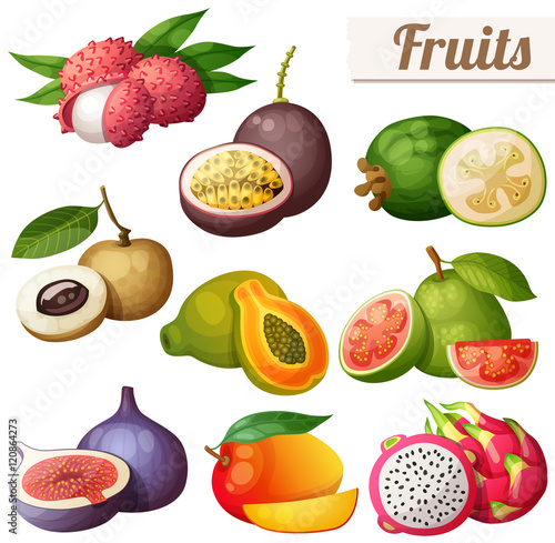 Set of cartoon food icons. Exotic fruits isolated on white background. Lychee (litchi), passion fruit, feijoa, longan, papaya (pawpaw), guava, fig, mango, pitaya (dragon fruit)