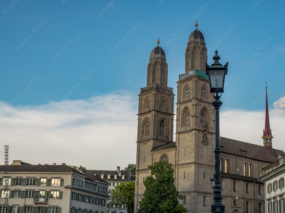 Church with two towers in downtown Zurich