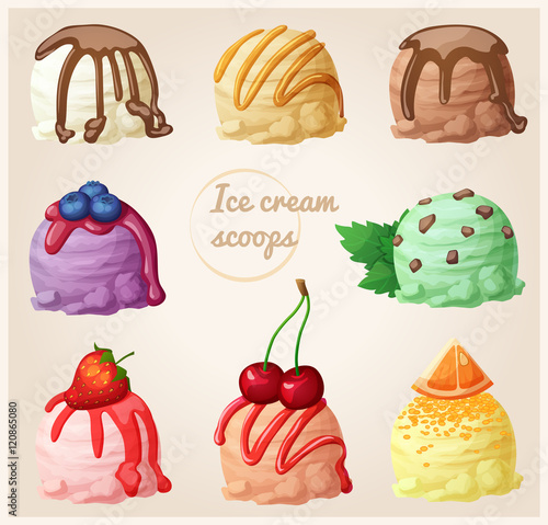 Set of cartoon ice cream icons. Ice cream scoops with different toppings and flavors. Vanilla with chocolate syrup, creme brulee caramel, chocolate, blueberry, mint with chocolate chips, strawberry