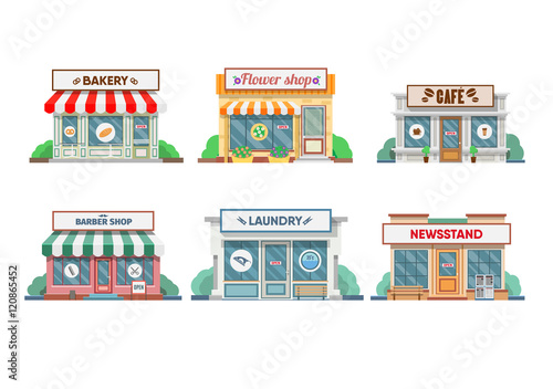 Flower shop, laundry, barber , bakery, newsstand, cafe facade in the town.
