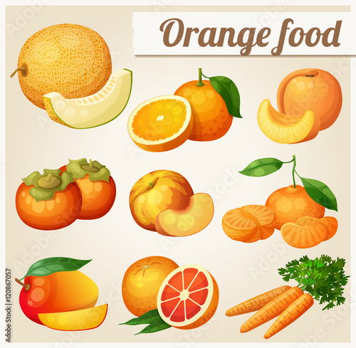 Set of cartoon food icons. Orange food. Melon, orange, peach, apricot, persimmon, mandarine, mango,grapefruit, carrot