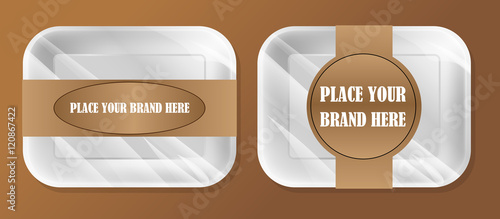 Vector empty white styrofoam plastic food tray container box mockup with ribbon ready for your design, over brown background