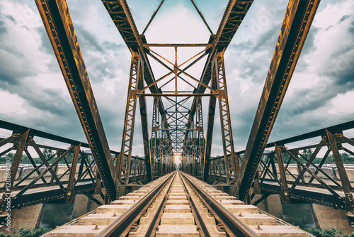 Railway track on the bridge steel structure in countryside