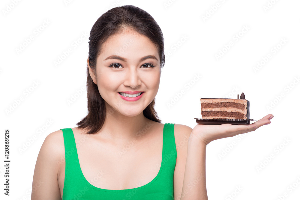 Beautiful smiling asian young woman with a chocolate cake isolat Beautiful smiling asian young woman with a chocolate cake isolat