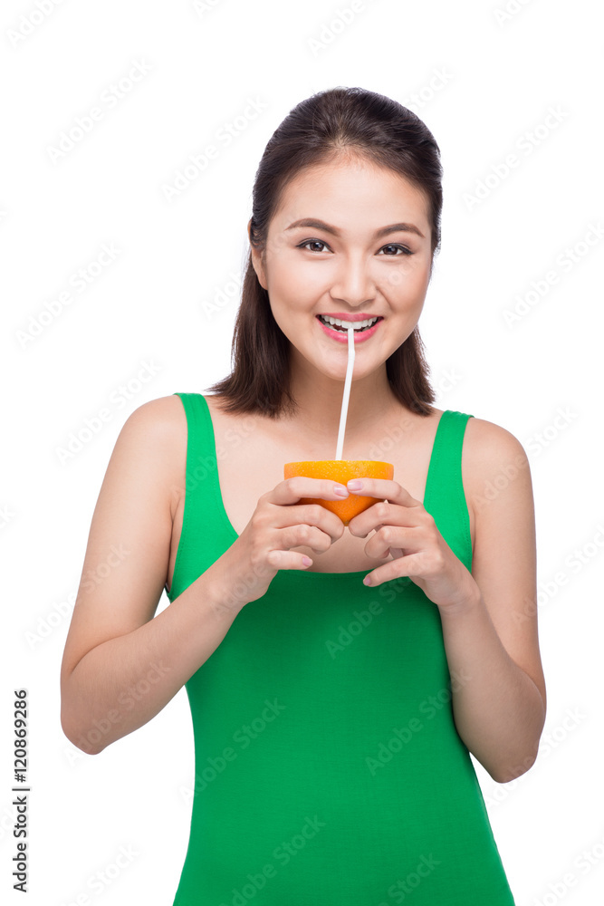 Beautiful asian girl with juice, isolated on white Beautiful asian girl with juice, isolated on white