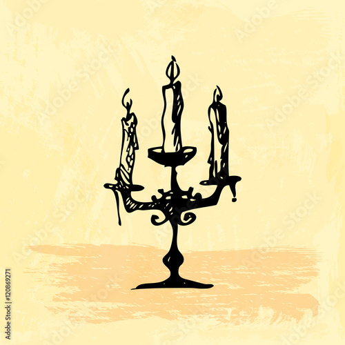 Hand drawn doodle candelabrum with three candles. Black illustration, yellow watercolor background.