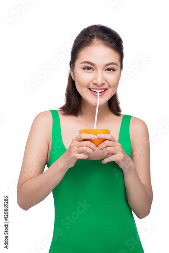 Beautiful asian girl with juice, isolated on white