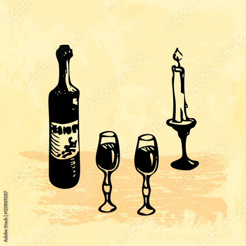 Hand drawn doodle bottle of wine, two glasses and a candles. Black illustration, yellow background.