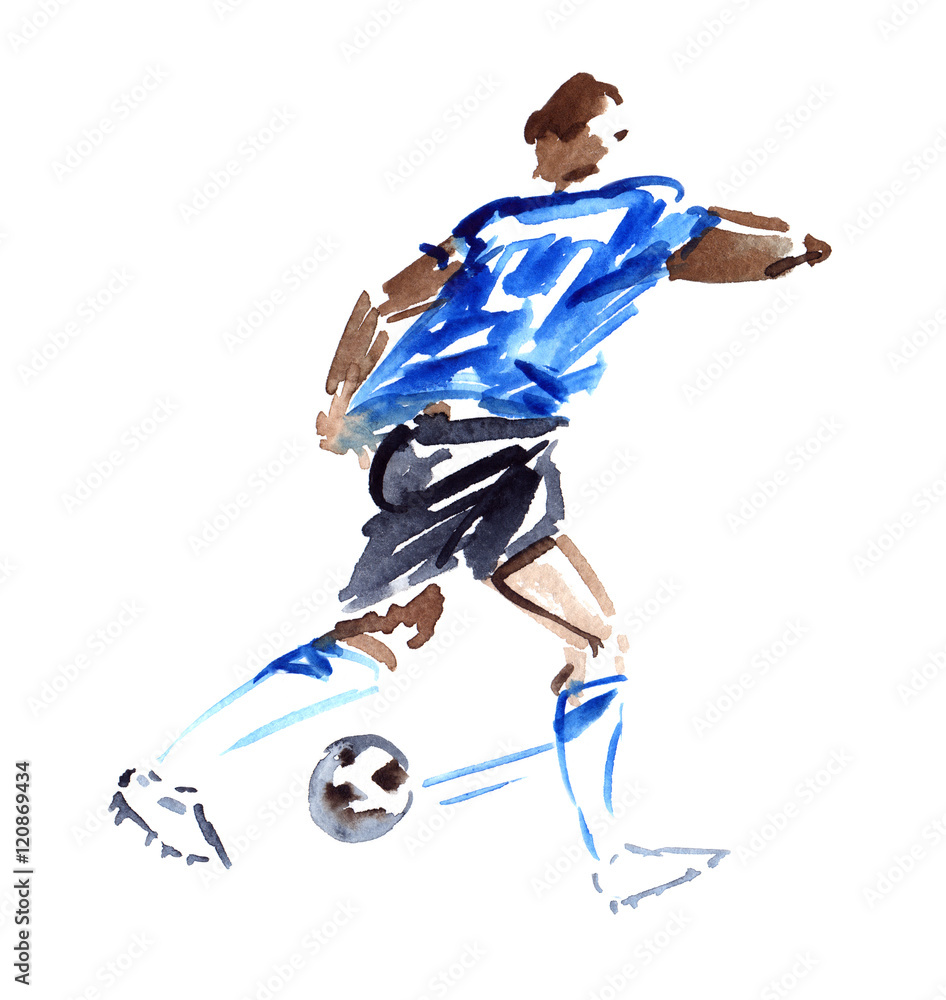 Moving soccer player in blue shirt chasing the ball painted in watercolor on clean white background