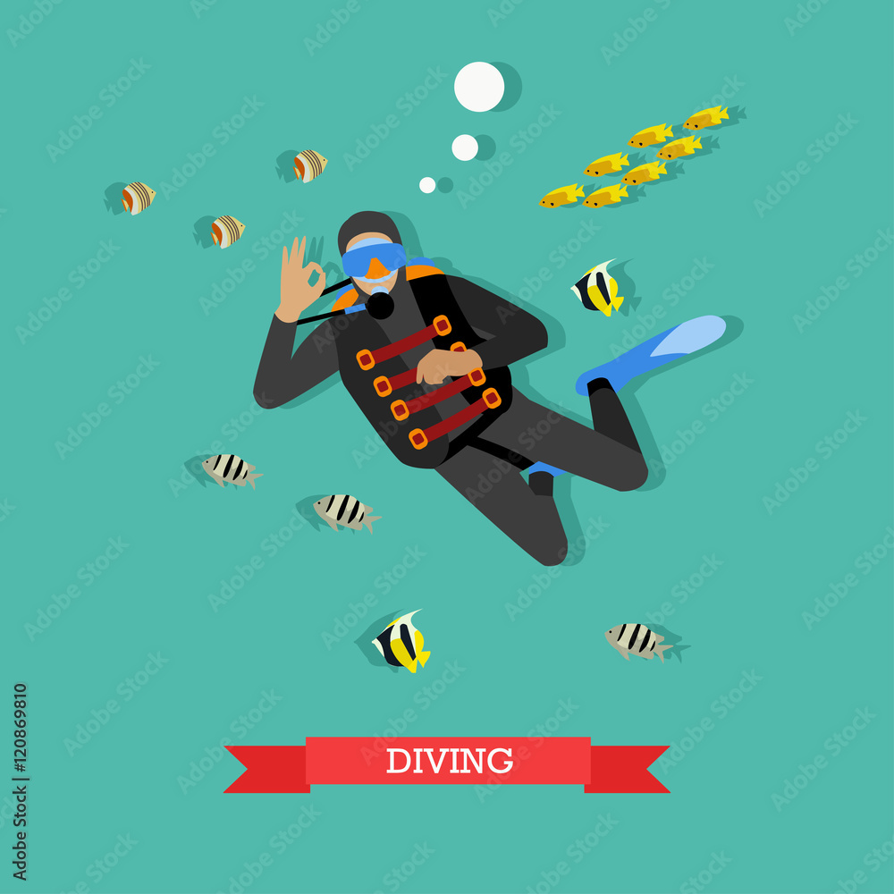 Scuba diver under water with fishes, flat design Scuba diver under water with fishes, flat design