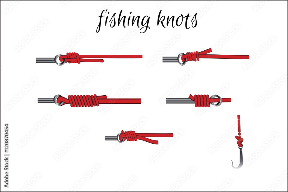 Fishing knots installed. Vector illustration on white background.  Collection equipment for fishing. Different shapes and sizes of fishing  knots. Stock Vector
