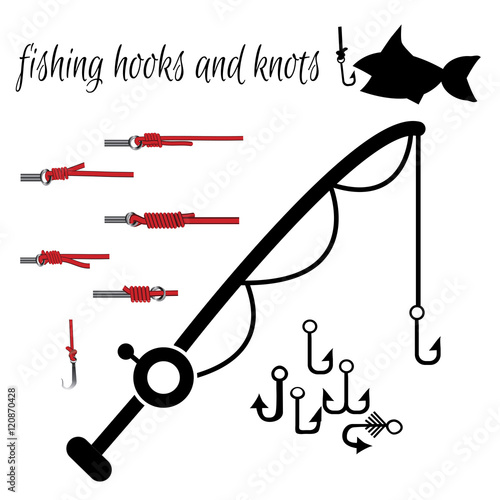 Fishing hooks and knots installed. Vector illustration on white background.	
