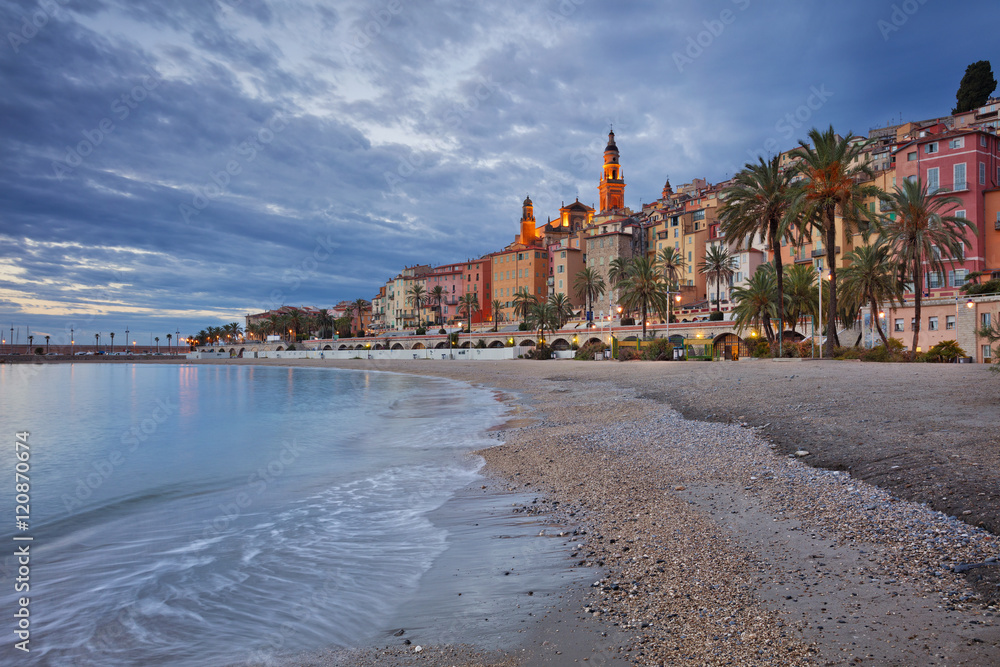 Menton. Image of Menton, French Riviera during twilight blue hour.