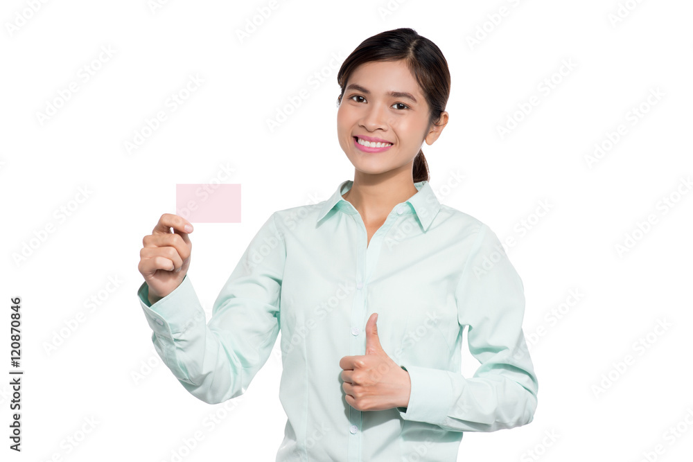 Asian businesswoman holding a blank card Asian businesswoman holding a blank card