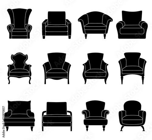 Set of silhouettes of armchairs isolated on white background. Vector illustration. Different chairs icons.