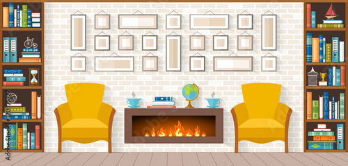 living room with furniture, bookshelves, fireplace, paintings, accessories. Flat style vector illustration Interior Design