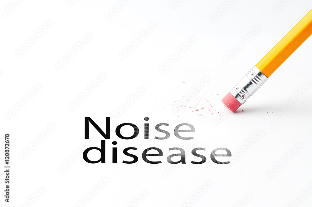 Closeup of pencil eraser and black noise disease text. Noise disease. Pencil with eraser. Closeup of pencil eraser and black noise disease text. Noise disease. Pencil with eraser.