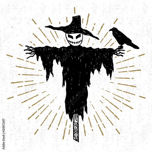 Hand drawn Halloween icon with a textured scarecrow vector illustration.