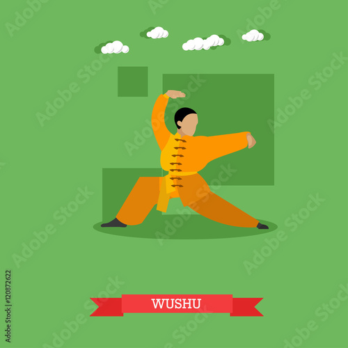 Wushu fighter shows his skills, flat design
