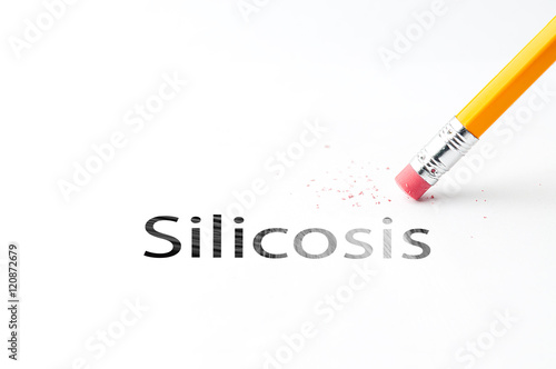 Closeup of pencil eraser and black silicosis text. Silicosis. Pencil with eraser.
