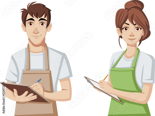 Cartoon young people wearing apron. Workers holding clipboards. 