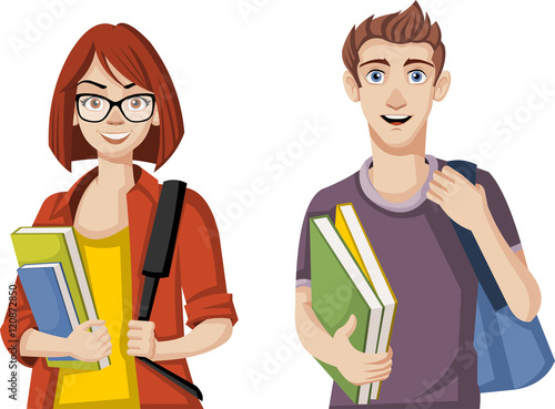 Cartoon students. Teenager couple with backpacks and books.
