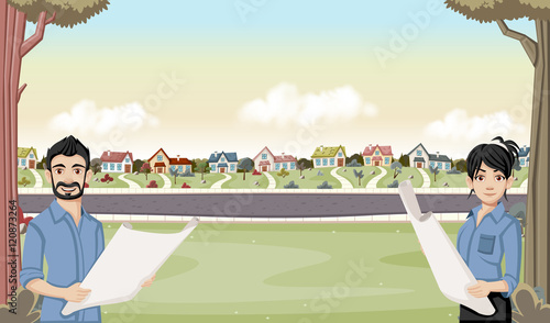 Colorful houses in suburb neighborhood with cartoon young architects holding blueprint. 