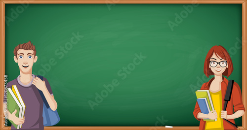 Cartoon students in front of a green chalkboard blackboard. 
