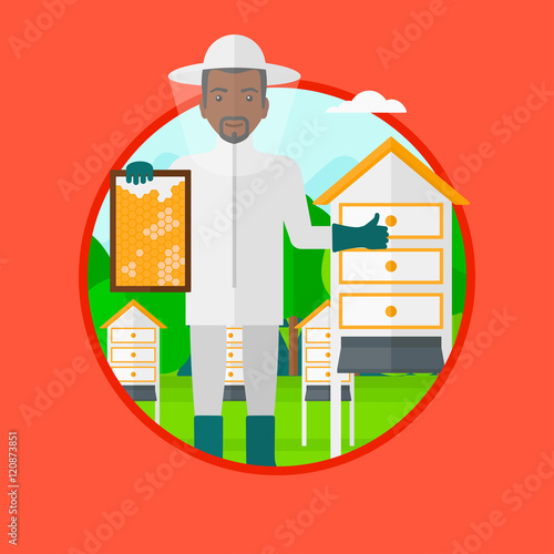 Bee-keeper at apiary vector illustration.