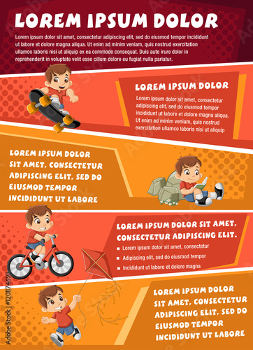Vector brochure backgrounds with happy cartoon boy playing. Infographic templ...
