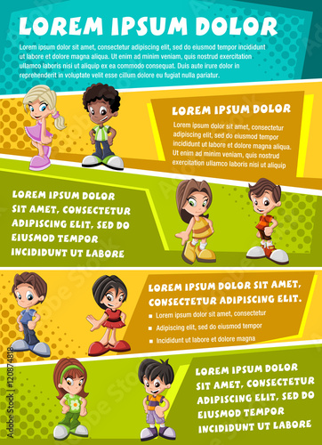 Vector brochure backgrounds with cartoon children. Infographic template design.