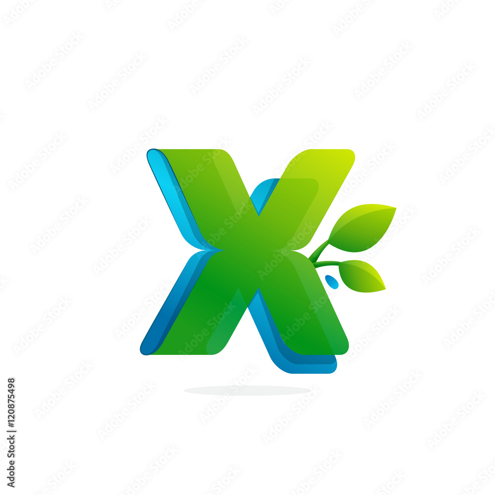 Letter X logo formed by ribbon with leaves and drops. Letter X logo formed by ribbon with leaves and drops.