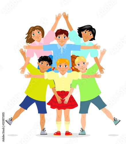 Six children stand and put arms in Star of David shape.