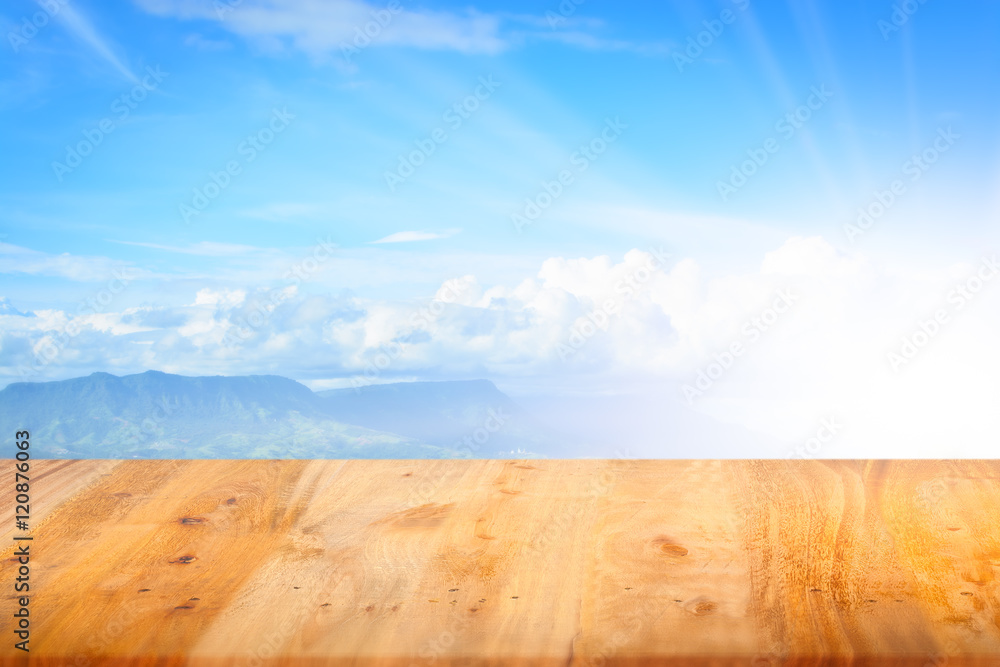 Fototapeta premium Close up top wooden table with nature background