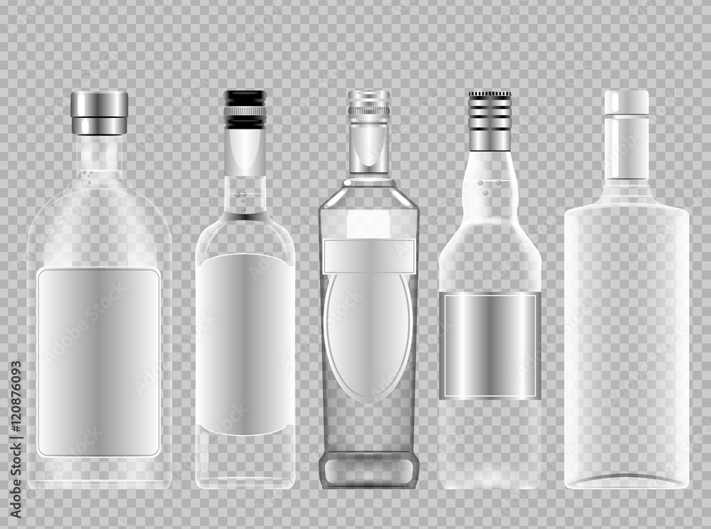 Vector set of transparent glass vodka alcohol bottle with caps for wine mockup ready for your design - obrazy, fototapety, plakaty 
