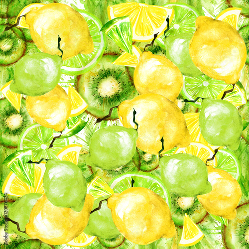 Fototapeta Naklejka Na Ścianę i Meble -  Watercolor seamless vintage pattern made up of drawings of fruit - lime, lemon, kiwi, citrus.