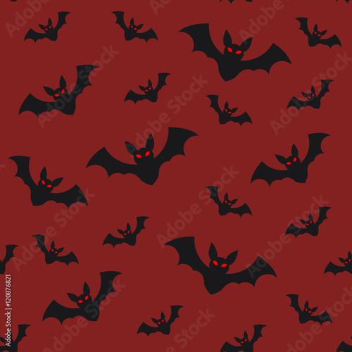 Halloween seamless pattern flying bats on red sky background, mystery horror holiday vector flat illustration, All Saints Day symbols