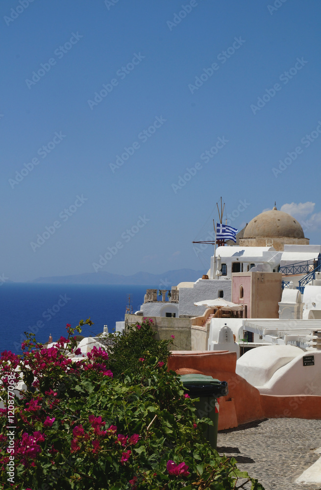 View on the traditional buildings of Oia town, Santorini island, Greece