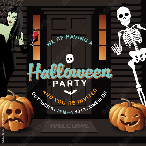 
Halloween Party Background with vampire, skeleton and copy space. EPS 10 vector.