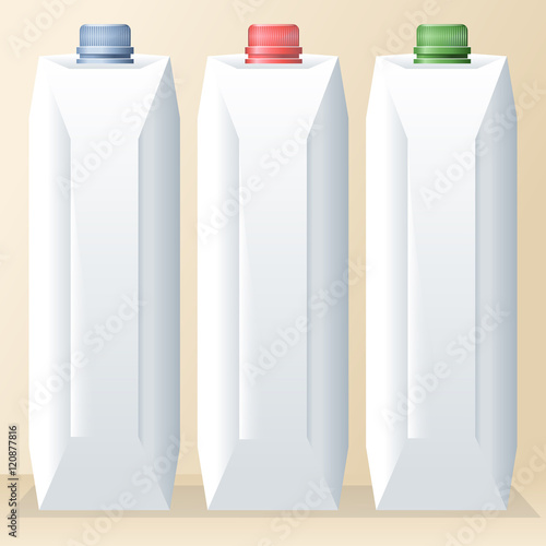 Vector set of white carton beverage pack for milk, juice and water with caps mockup ready for your design